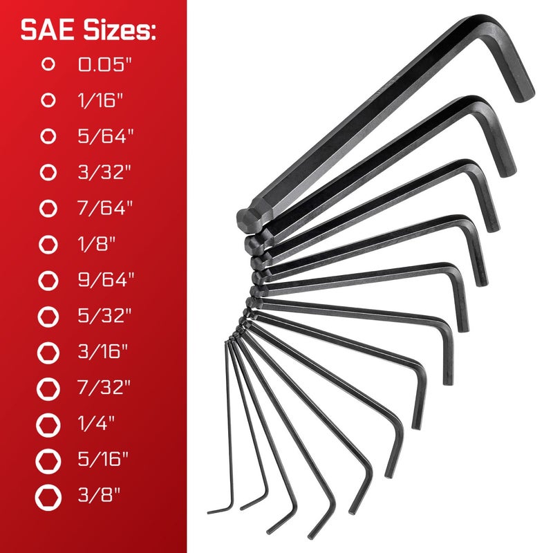 Carbyne 26-Piece Long Arm Ball End Hex (Allen) Key Wrench Set, Inch (SAE) / Metric. Includes 1.27mm-10mm and .05-3/8 Inch Sizes. Heat Treated S2 Steel - Image 4